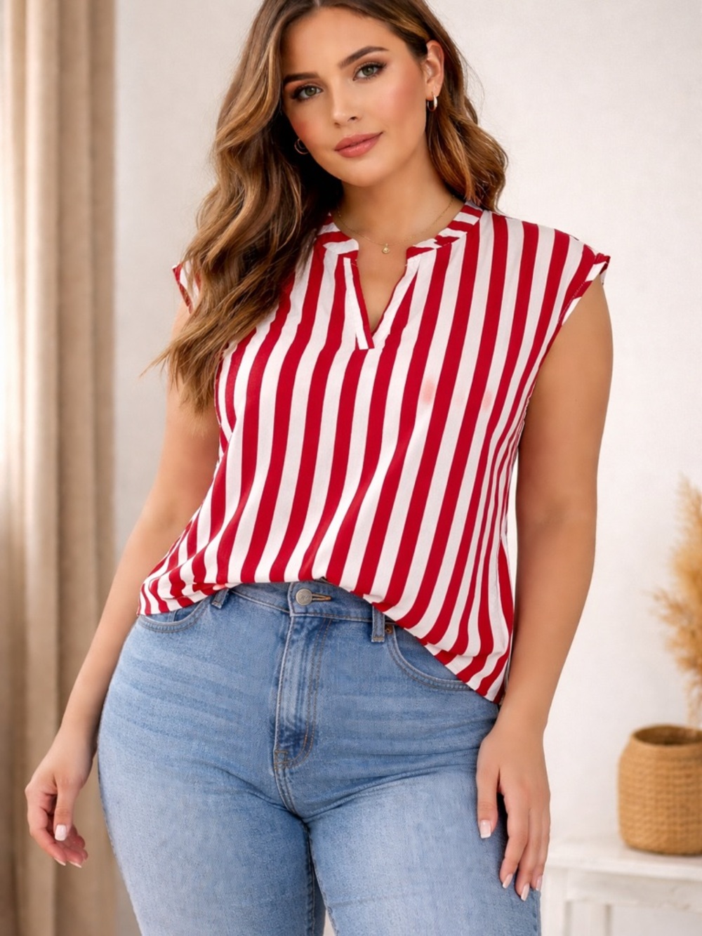 SHEIN Red & White Vertical Stripe Split-Neck Sleeveless Blouse